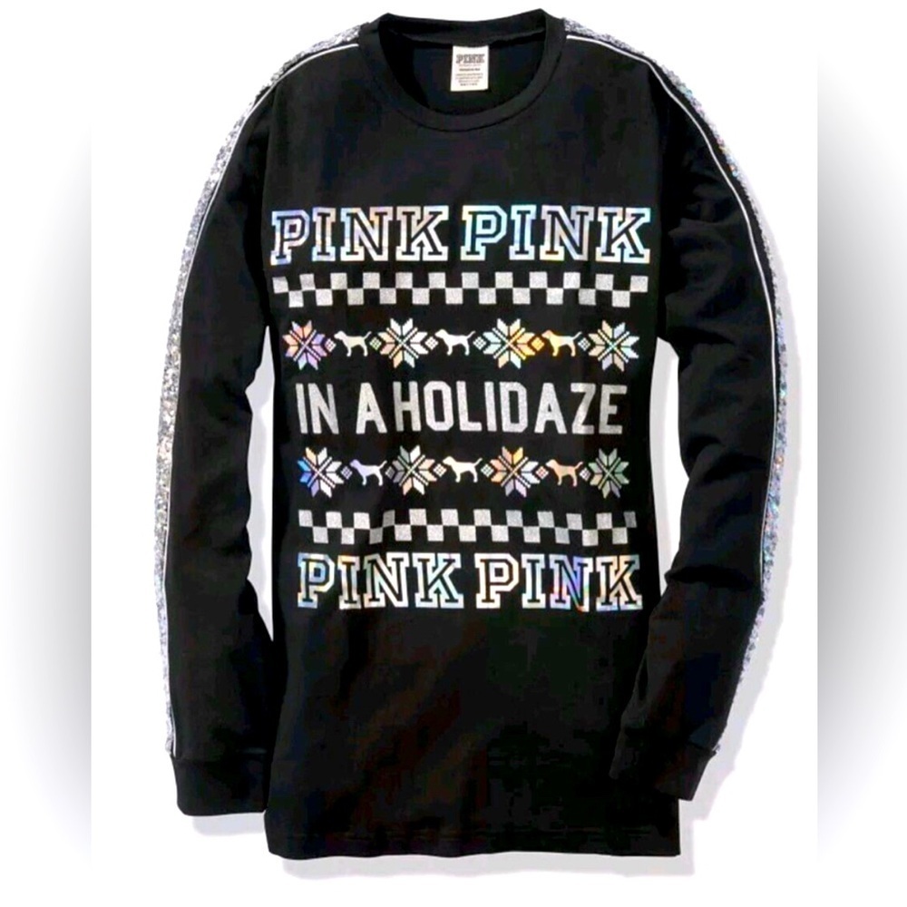 VICTORIA'S SECRET PINK size small Holiday Sleeve Sparkle Sequin TEE